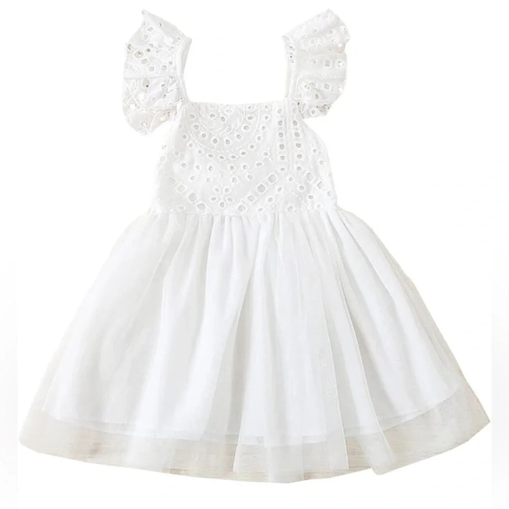 White Eyelet Flutter-Sleeve Casual Dress for Girls